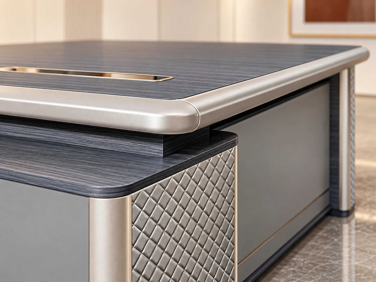 Close-up of the executive desk’s silver edge, wood-grain surface, and textured side panel