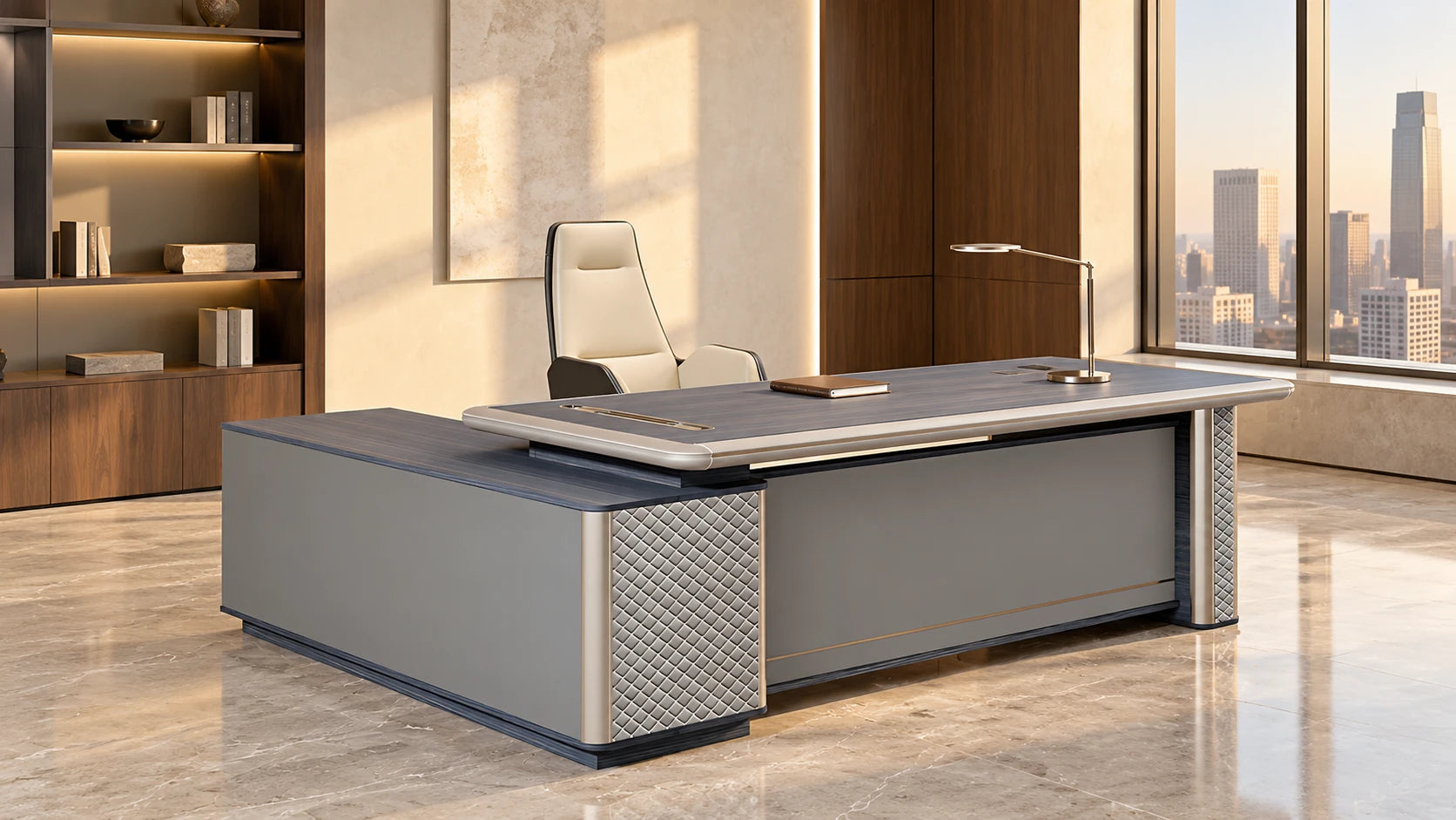A blue-gray executive desk with a curved silver edge in a warm, sunlit office
