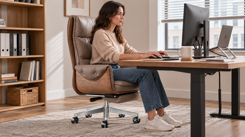 Person using a Lurpes high-back executive chair at a home-office desk