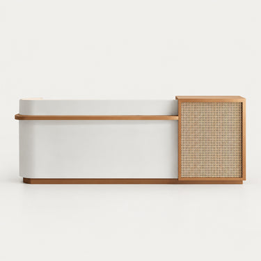 Curved Reception Desk with Rattan, File Drawers & Keyboard Tray for Retail