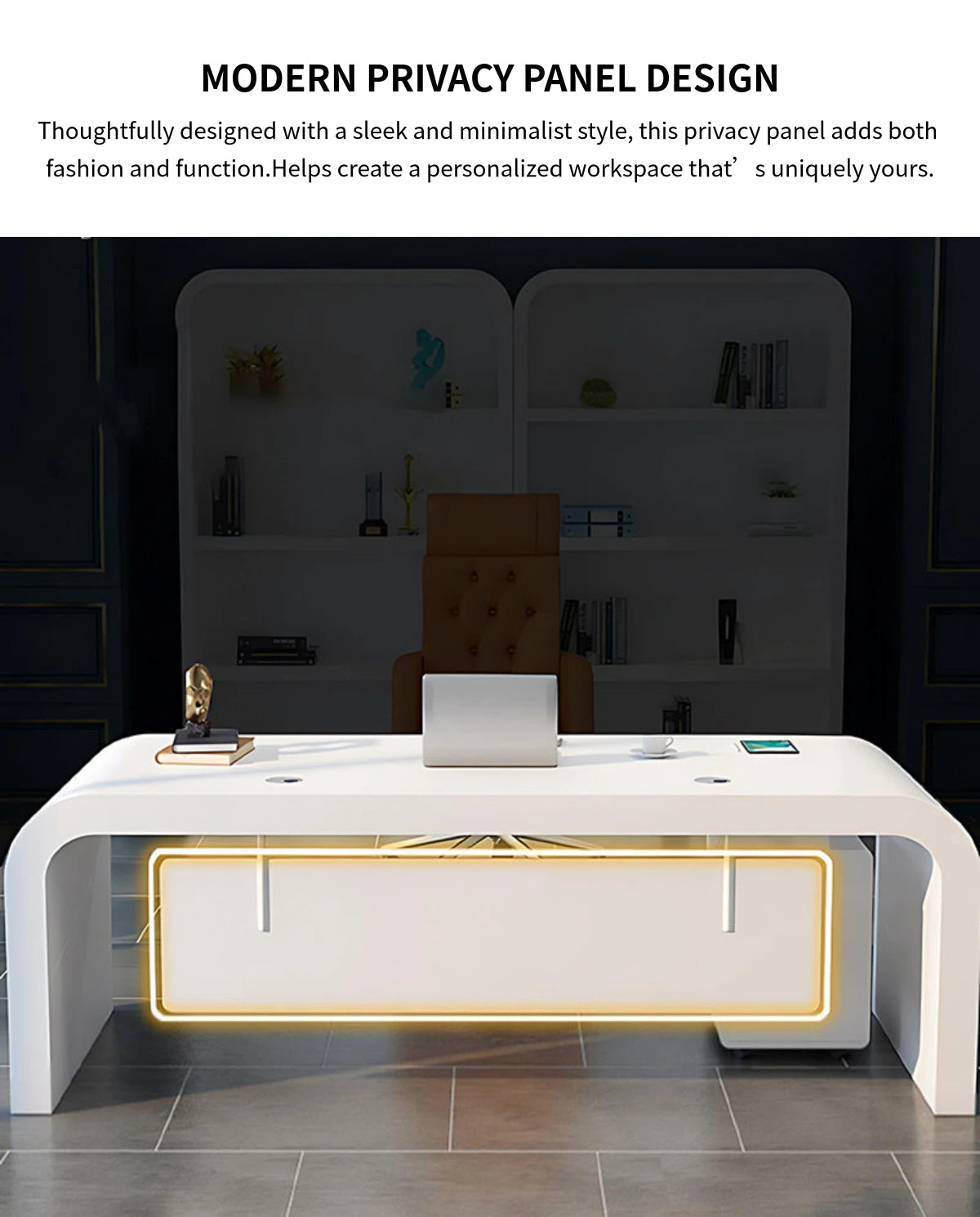 Modern Executive Desk with Curved, Privacy Panel & Stainless Steel for Home Office — Detail image 6