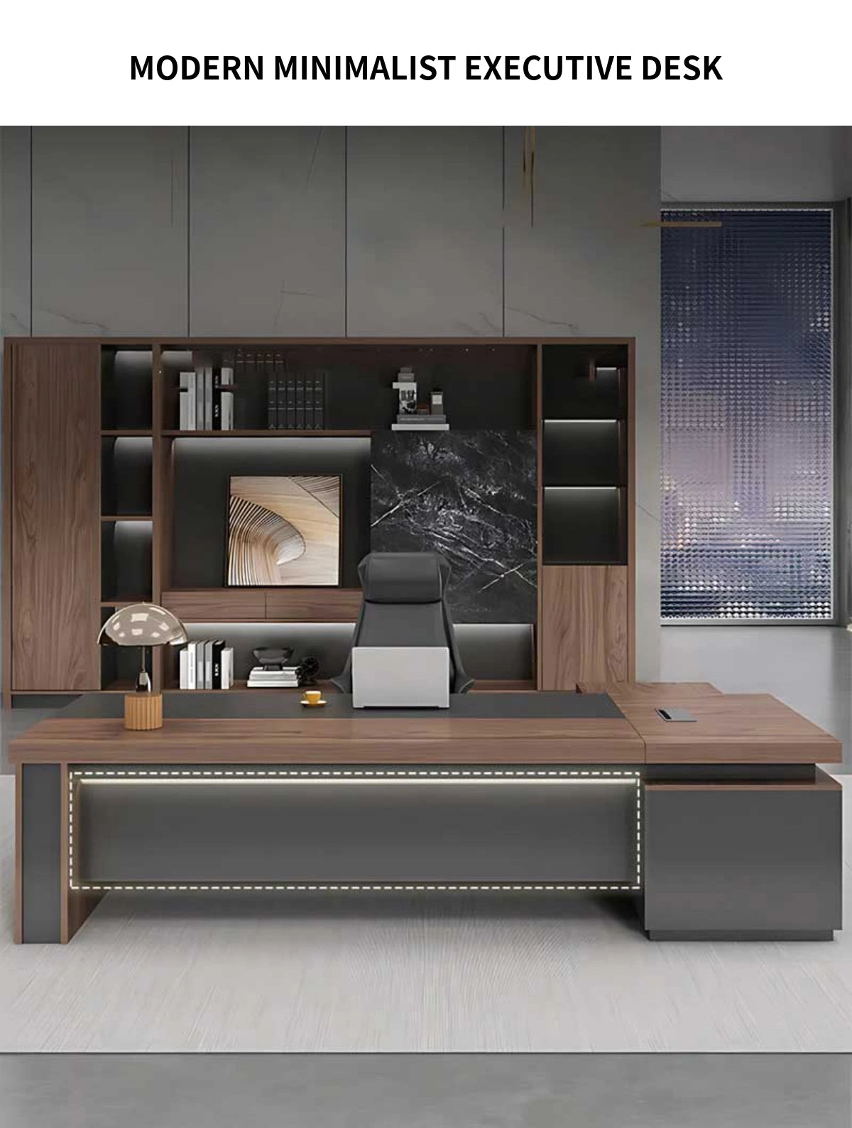 L-Shaped Executive Desk with Cable Management, Dual-Tone & LED Lighting for Home Office — Detail image 1
