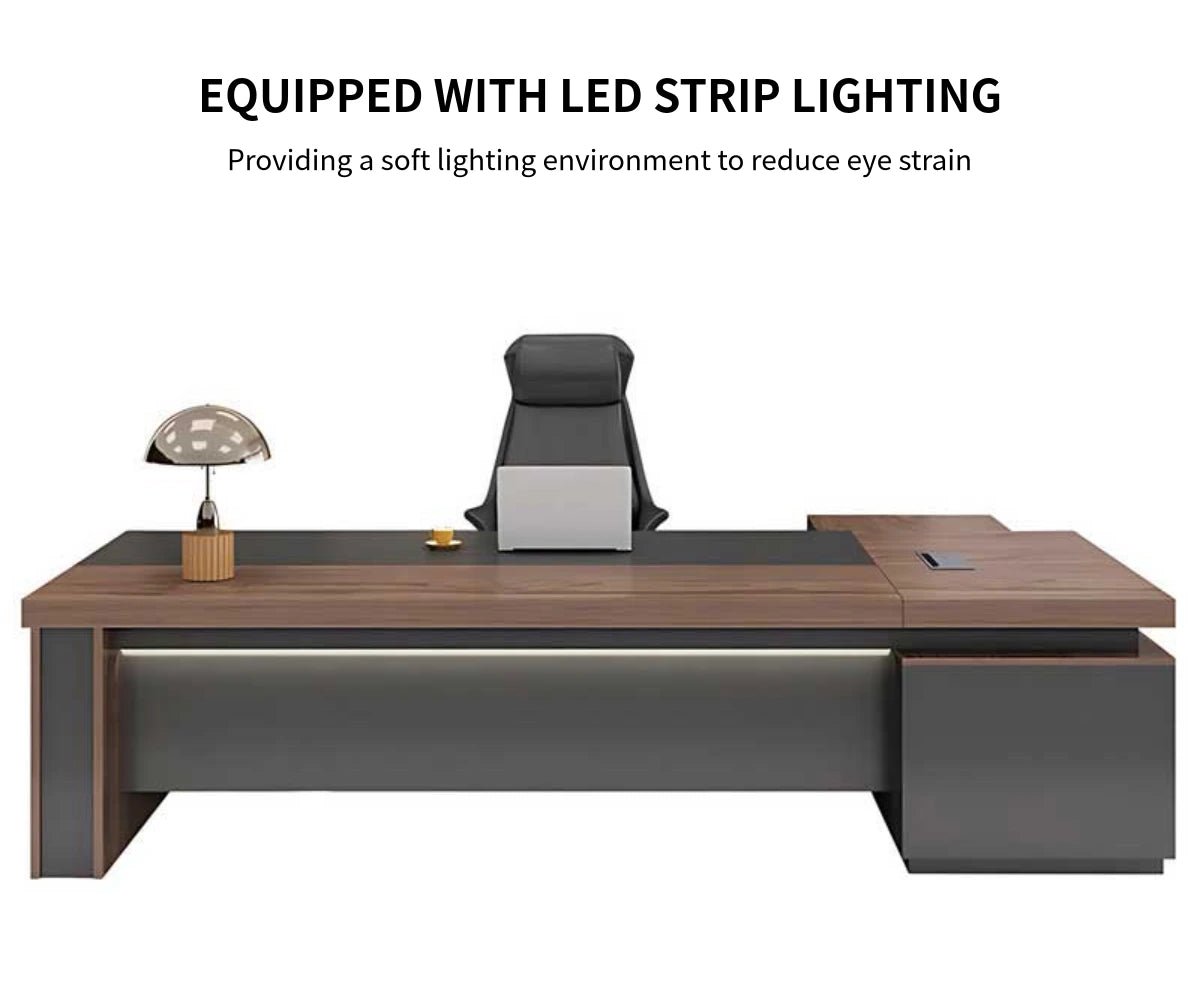 L-Shaped Executive Desk with Cable Management, Dual-Tone & LED Lighting for Home Office — Detail image 3