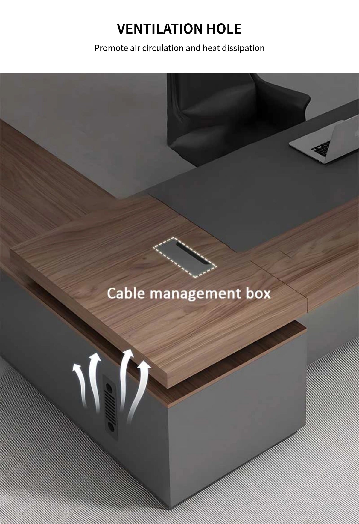 L-Shaped Executive Desk with Cable Management, Dual-Tone & LED Lighting for Home Office — Detail image 7