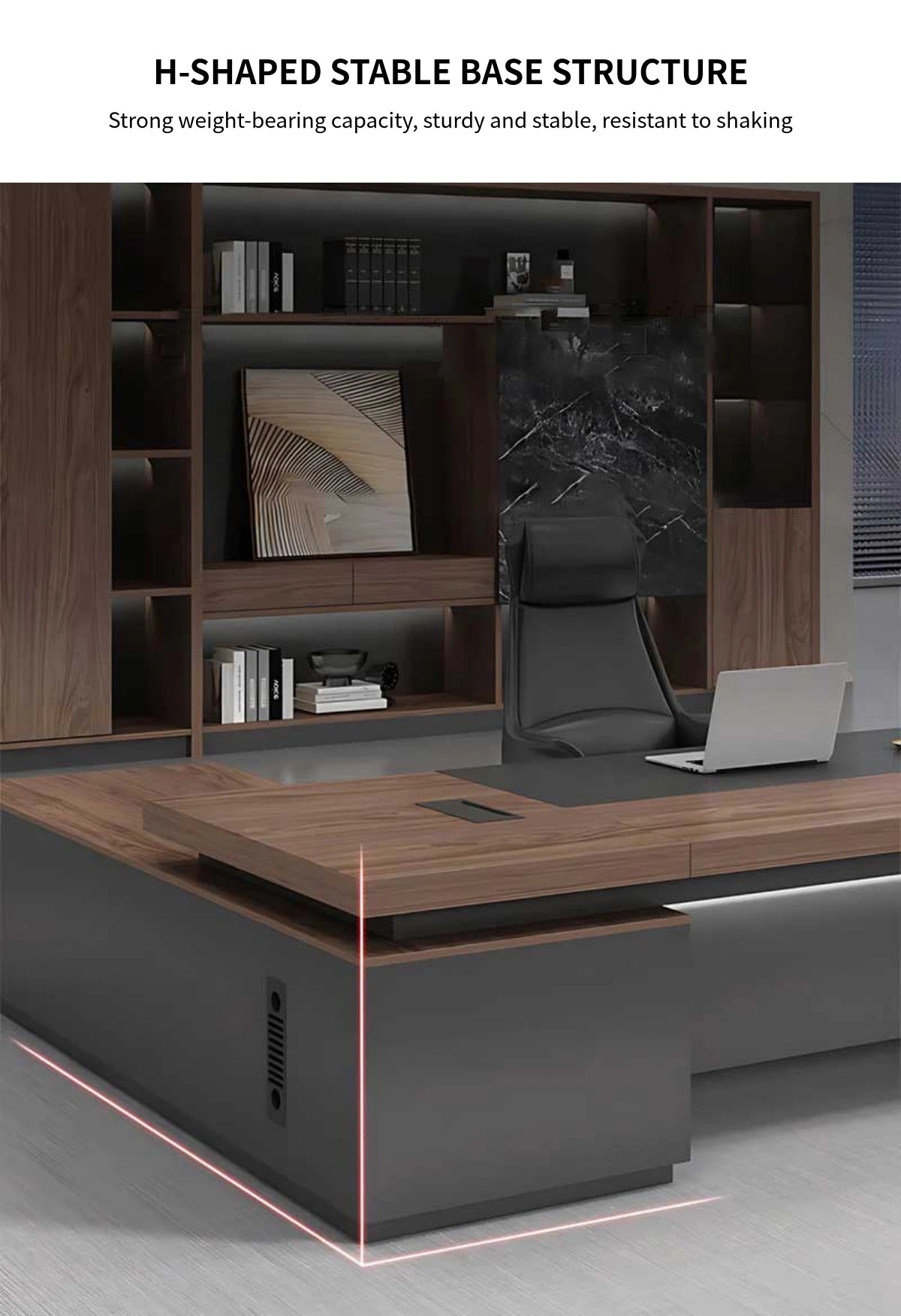 L-Shaped Executive Desk with Cable Management, Dual-Tone & LED Lighting for Home Office — Detail image 8