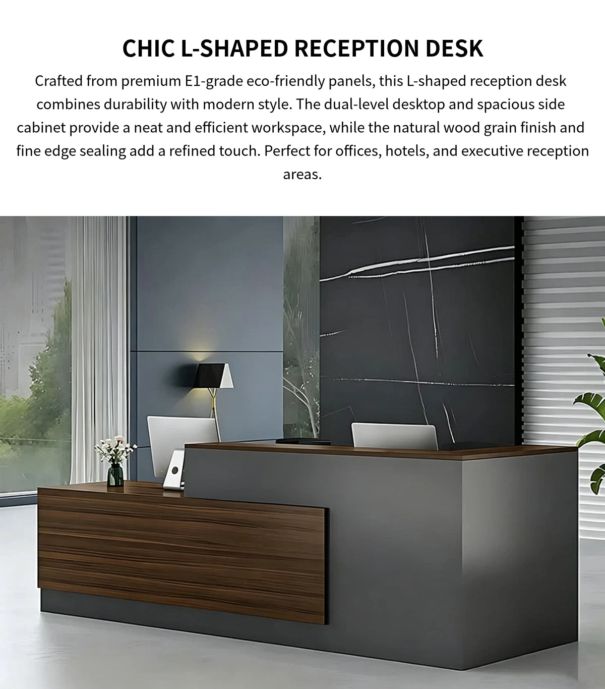 L-Shaped Reception Desk with Dual-Tone, Keyboard Tray & Lockable for Hotel Lobby — Detail image 1