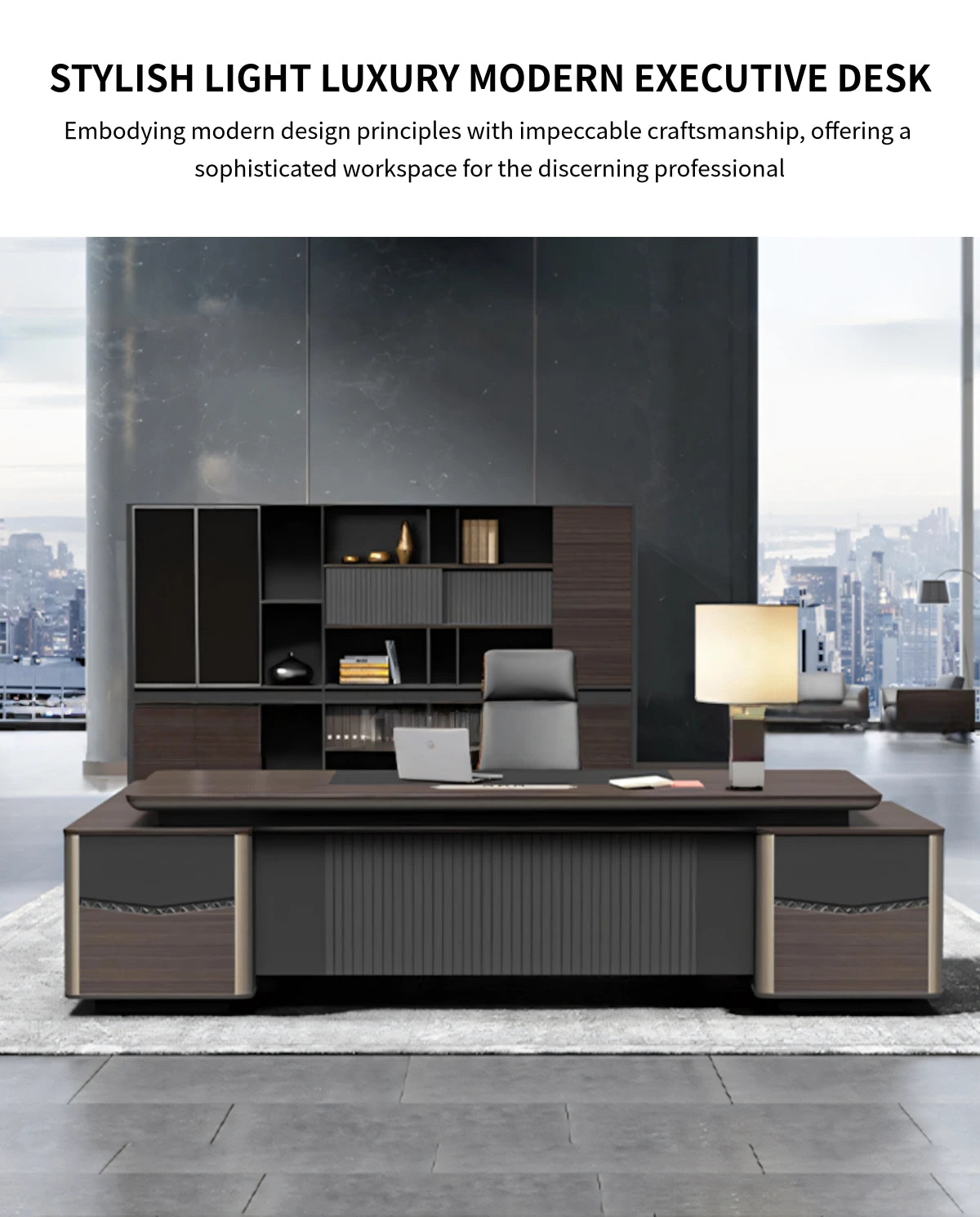 Modern Executive Desk with Curved, File Drawers & Lumbar Support for Home Office — Detail image 1