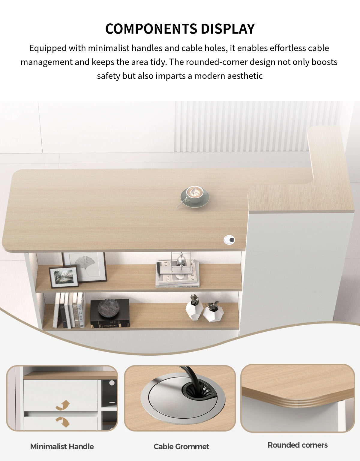 Curved Reception Desk 47-59 in Wide with Cable Management, LED Lighting & File Drawers — Detail image 4