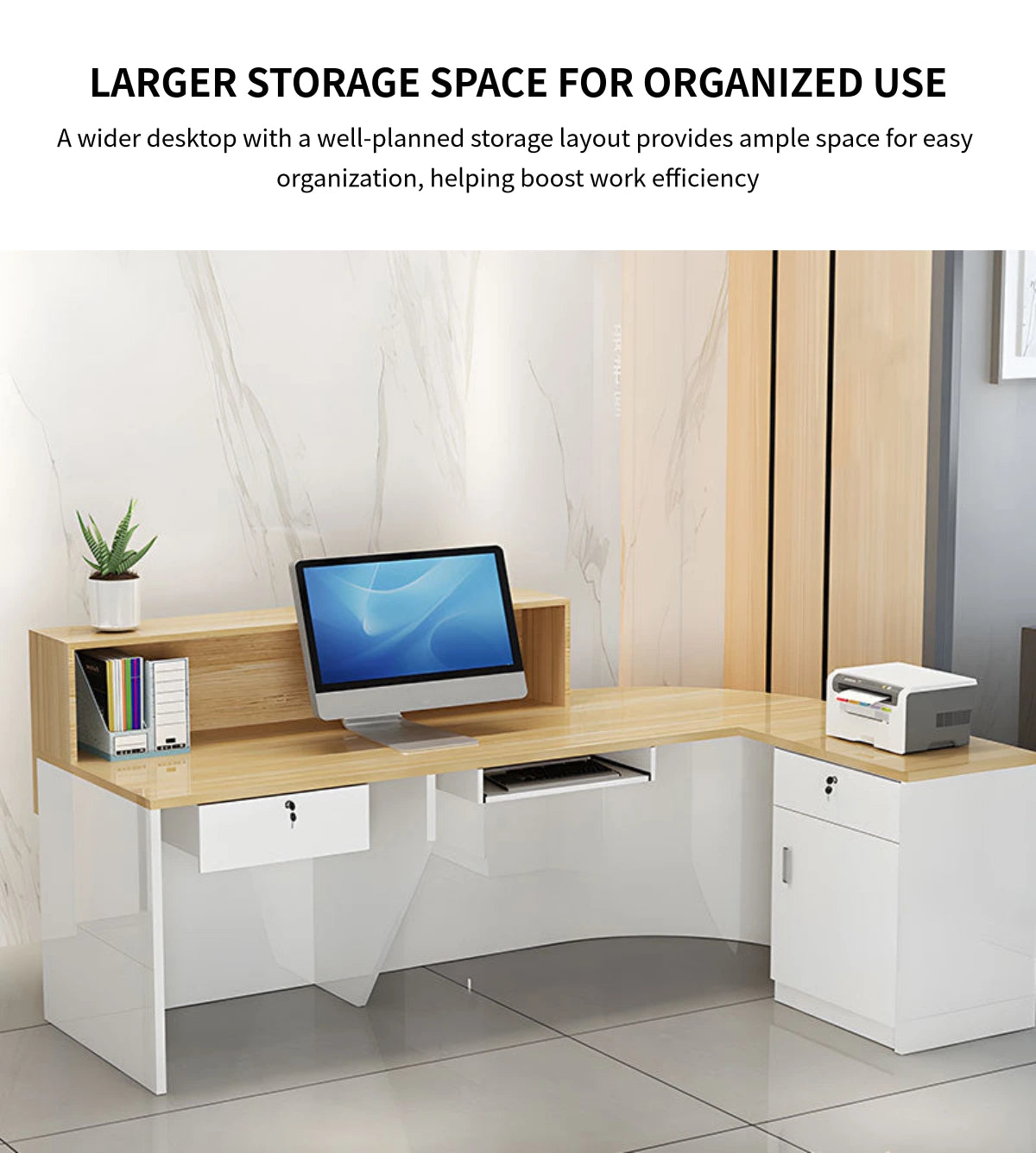 L-Shaped Reception Desk 55-118 in Wide with Lockable & File Drawers for Retail — Detail image 7