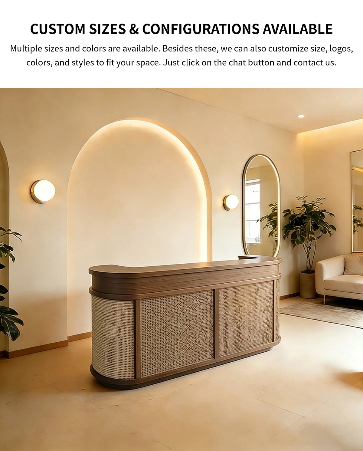 Curved Reception Desk 39-118 in Wide with Rattan, Keyboard Tray & File Drawers for Salon — Detail image 7