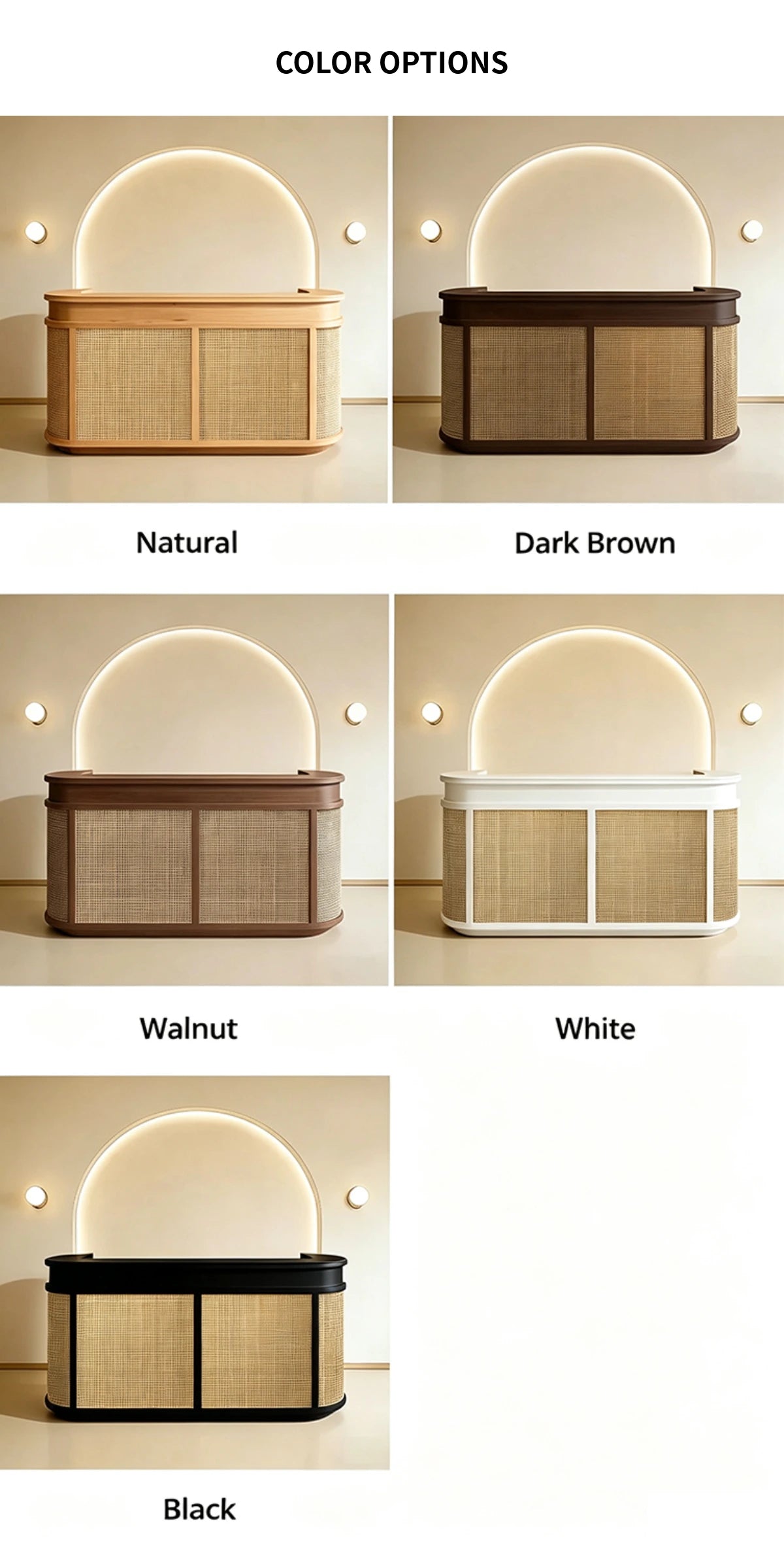 Curved Reception Desk 39-118 in Wide with Rattan, Keyboard Tray & File Drawers for Salon — Detail image 9
