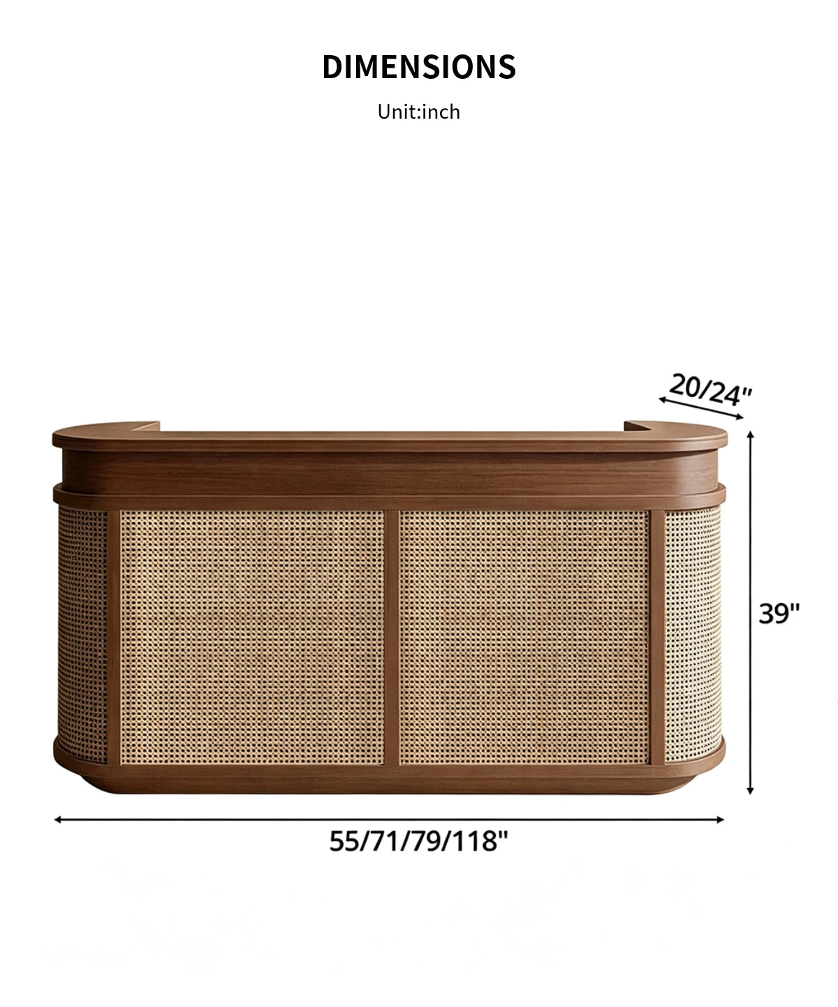 Curved Reception Desk 39-118 in Wide with Rattan, Keyboard Tray & File Drawers for Salon — Detail image 10