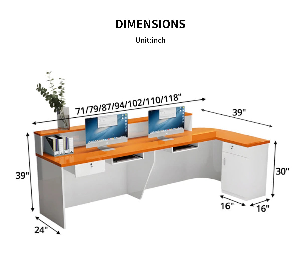 L-Shaped Reception Desk 71-118 in Wide with Lockable, Cable Management & LED Lighting — Detail image 16