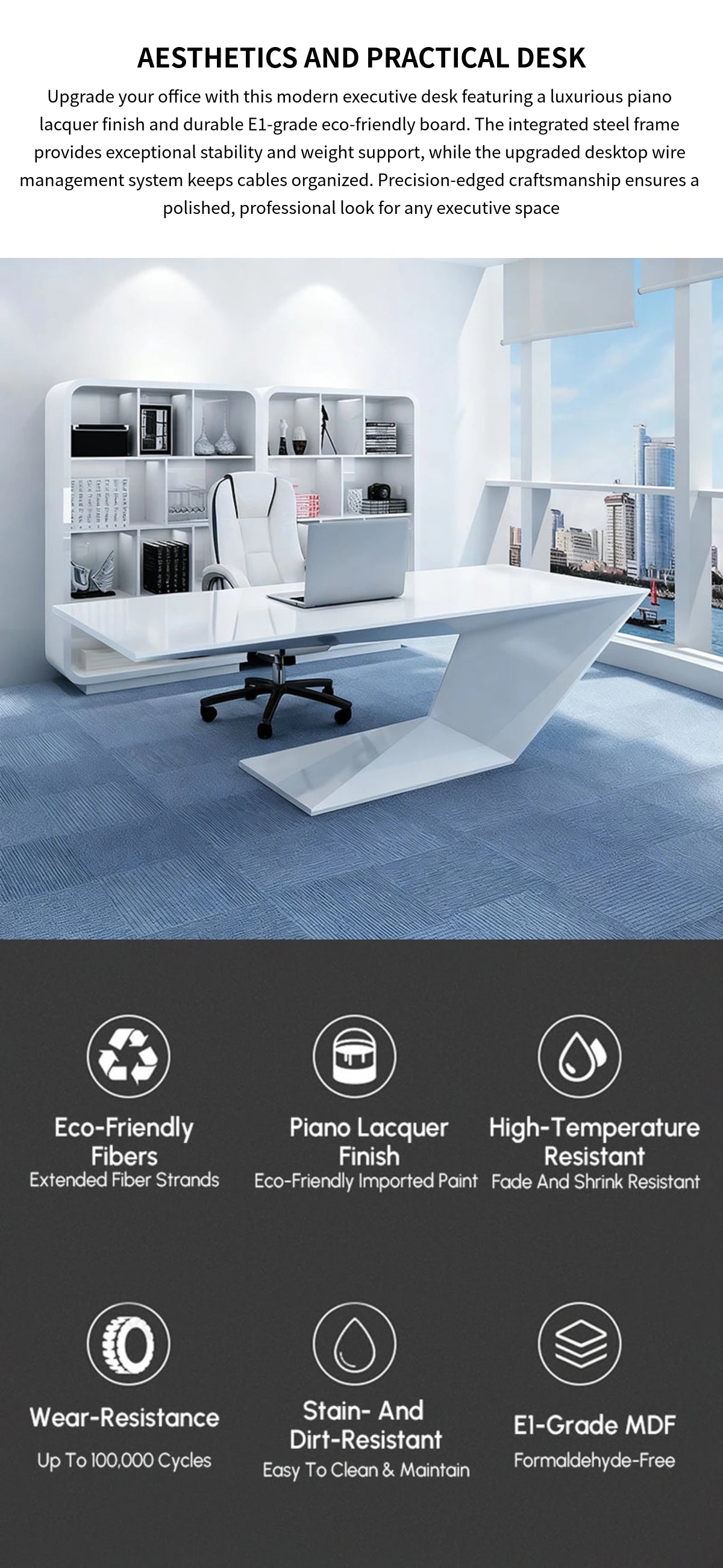 Modern Executive Desk with Built-In Outlets & Cable Management for Home Office — Detail image 1