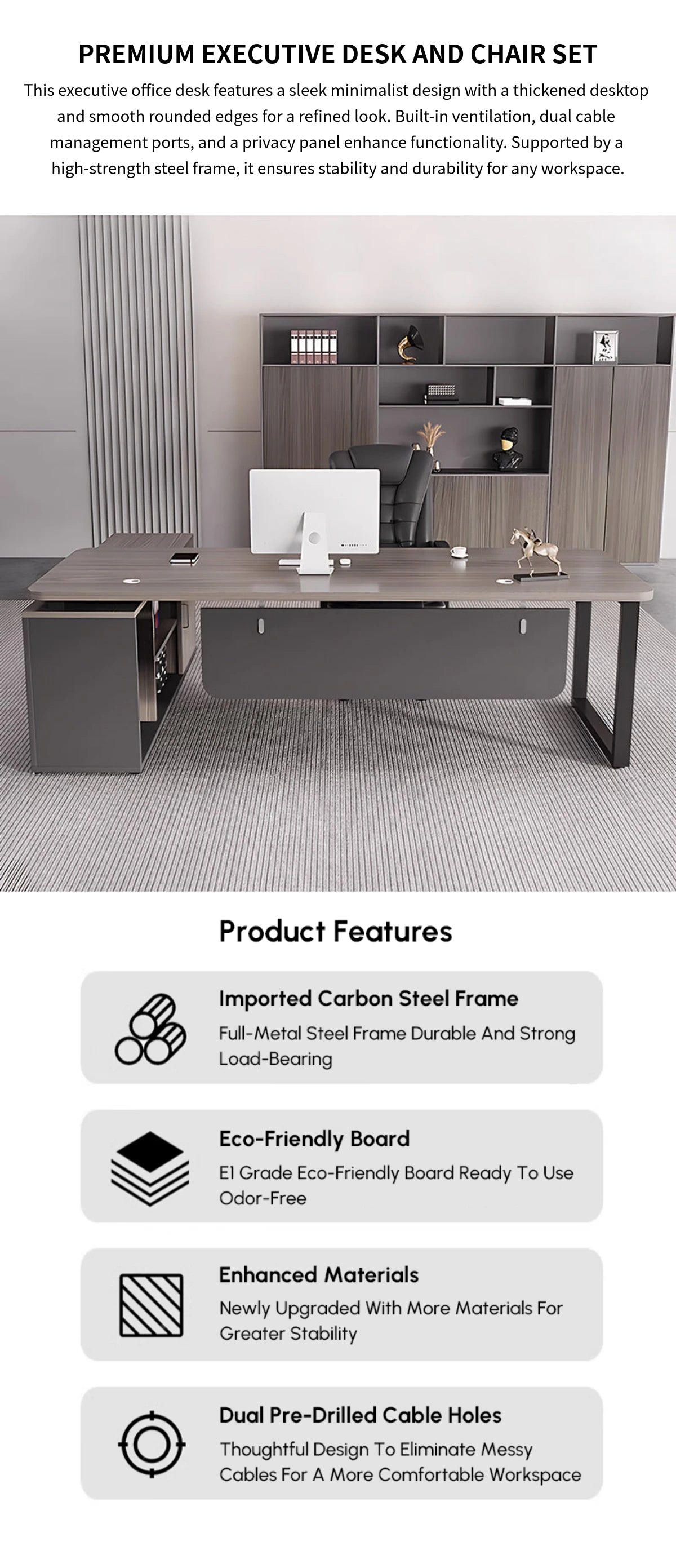 Modern Executive Desk with Curved, Cable Management & Side Storage for Home Office — Detail image 1