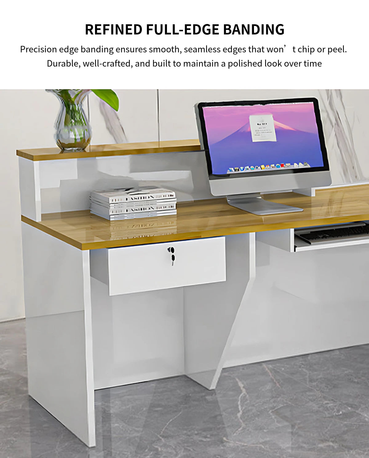 L-Shaped Reception Desk 63-94 in Wide with Keyboard Tray, File Drawers & Lockable — Detail image 4