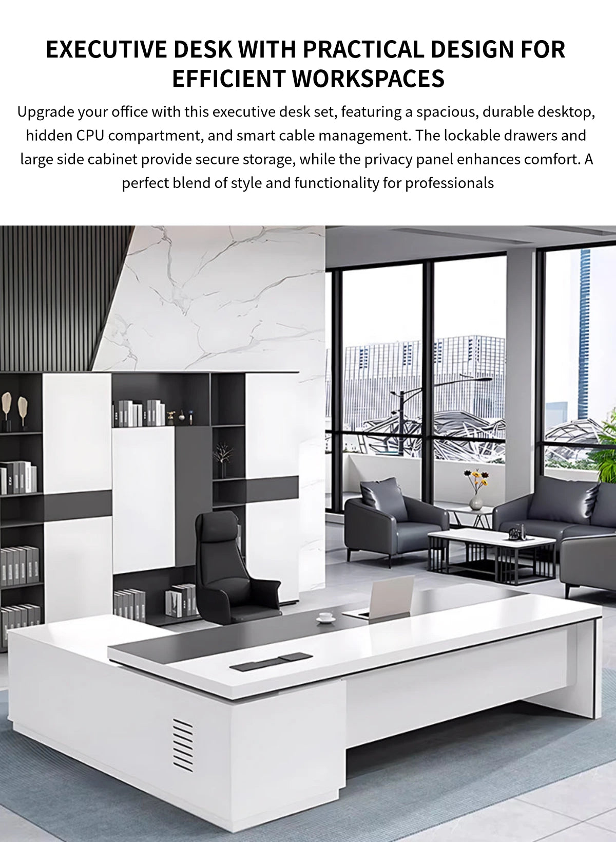 Modern Executive Desk with Cable Management, Side Storage & Lockable for Home Office — Detail image 1