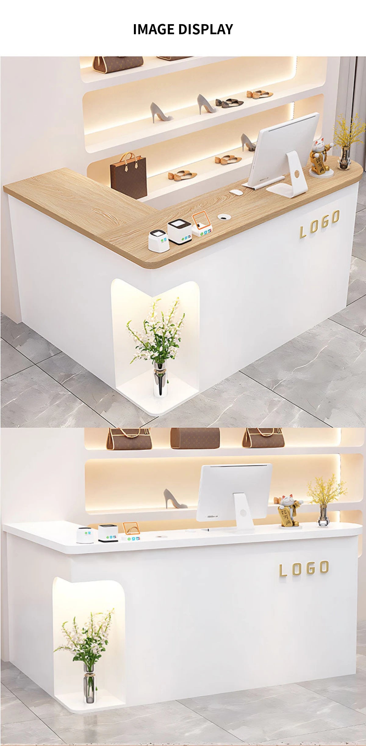 L-Shaped Reception Desk 59-79 in Wide with Cable Management, LED Lighting & File Drawers — Detail image 10