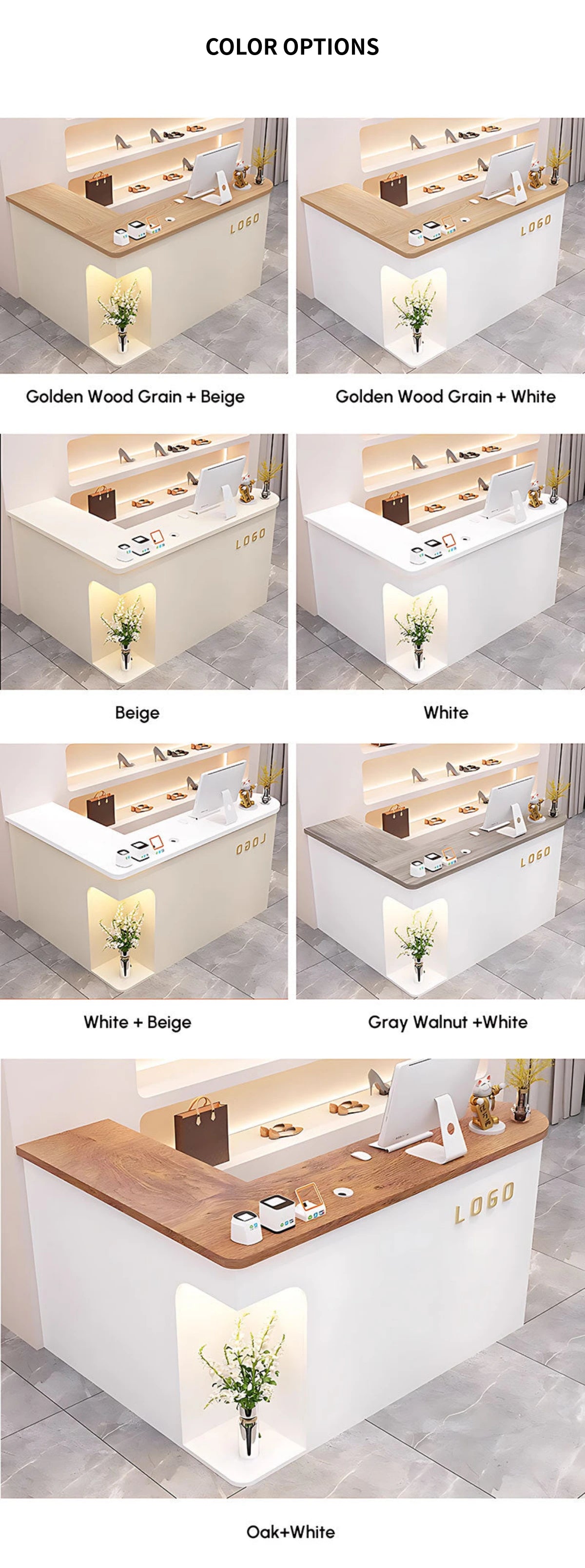 L-Shaped Reception Desk 59-79 in Wide with Cable Management, LED Lighting & File Drawers — Detail image 12
