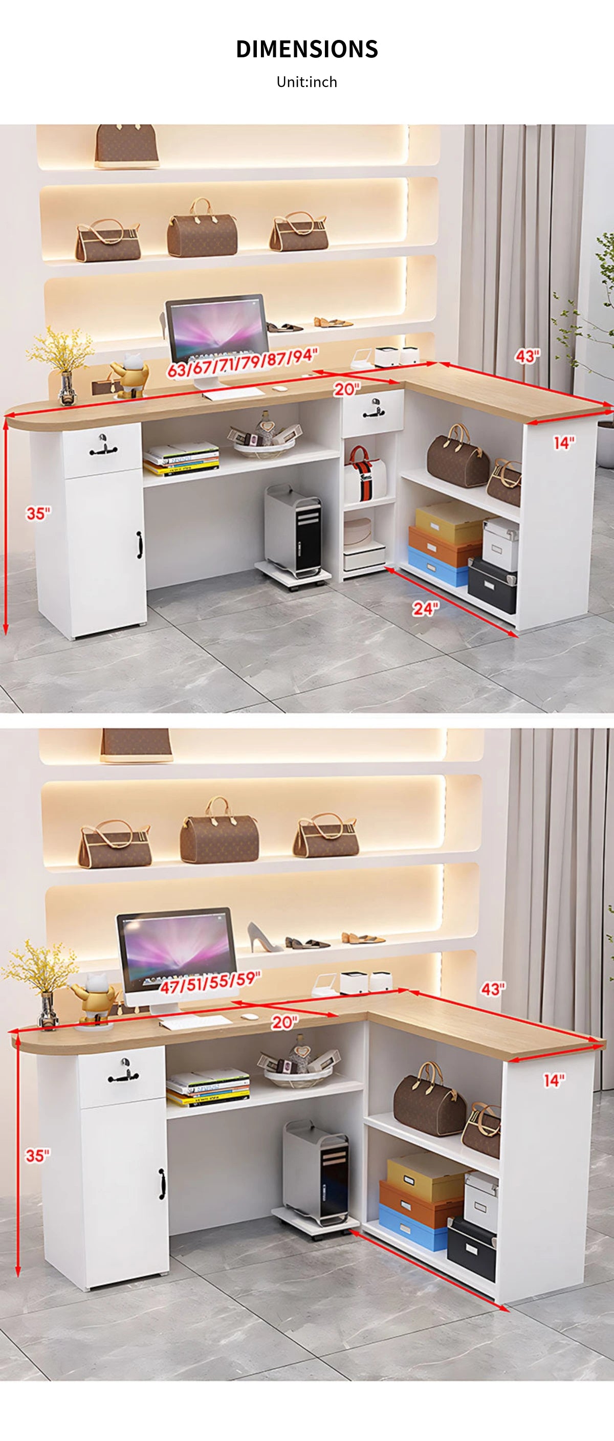 L-Shaped Reception Desk 59-79 in Wide with Cable Management, LED Lighting & File Drawers — Detail image 13