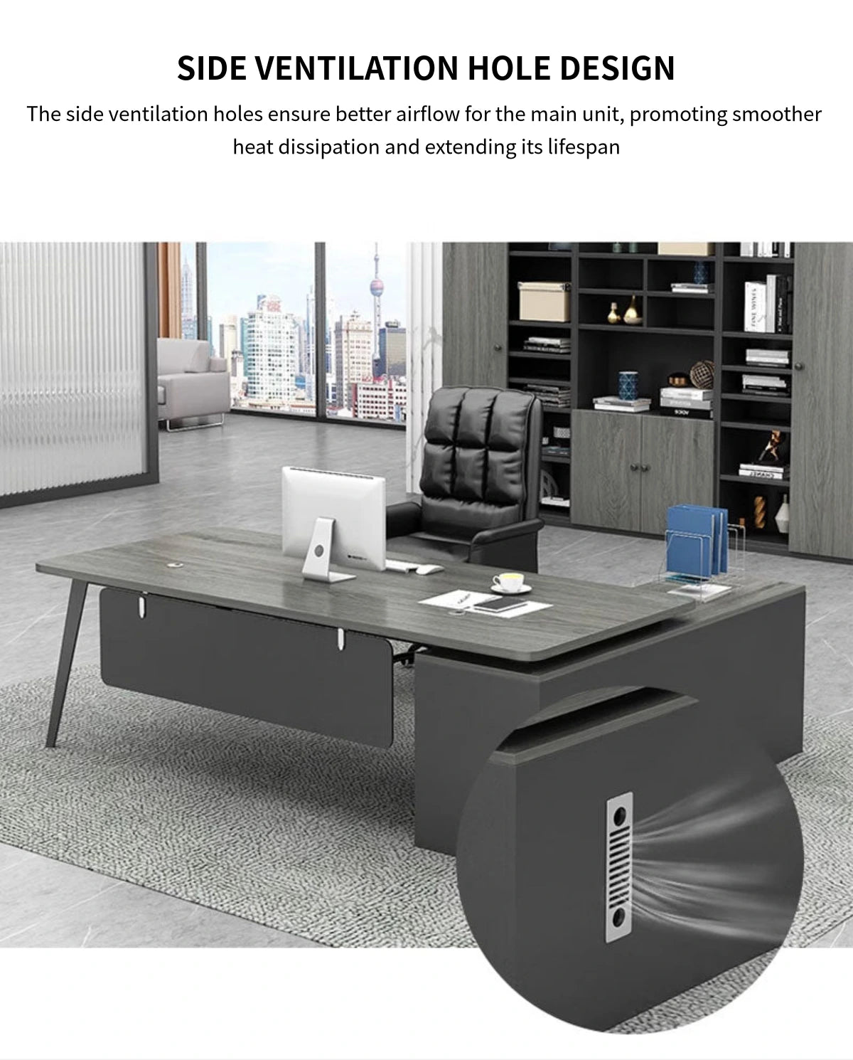 Modern Executive Desk with Side Storage, Curved & Cable Management for Home Office — Detail image 5