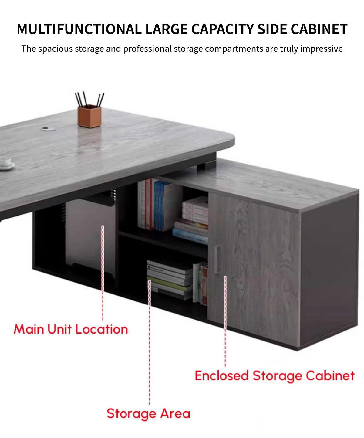 Modern Executive Desk with Side Storage, Curved & Cable Management for Home Office — Detail image 6
