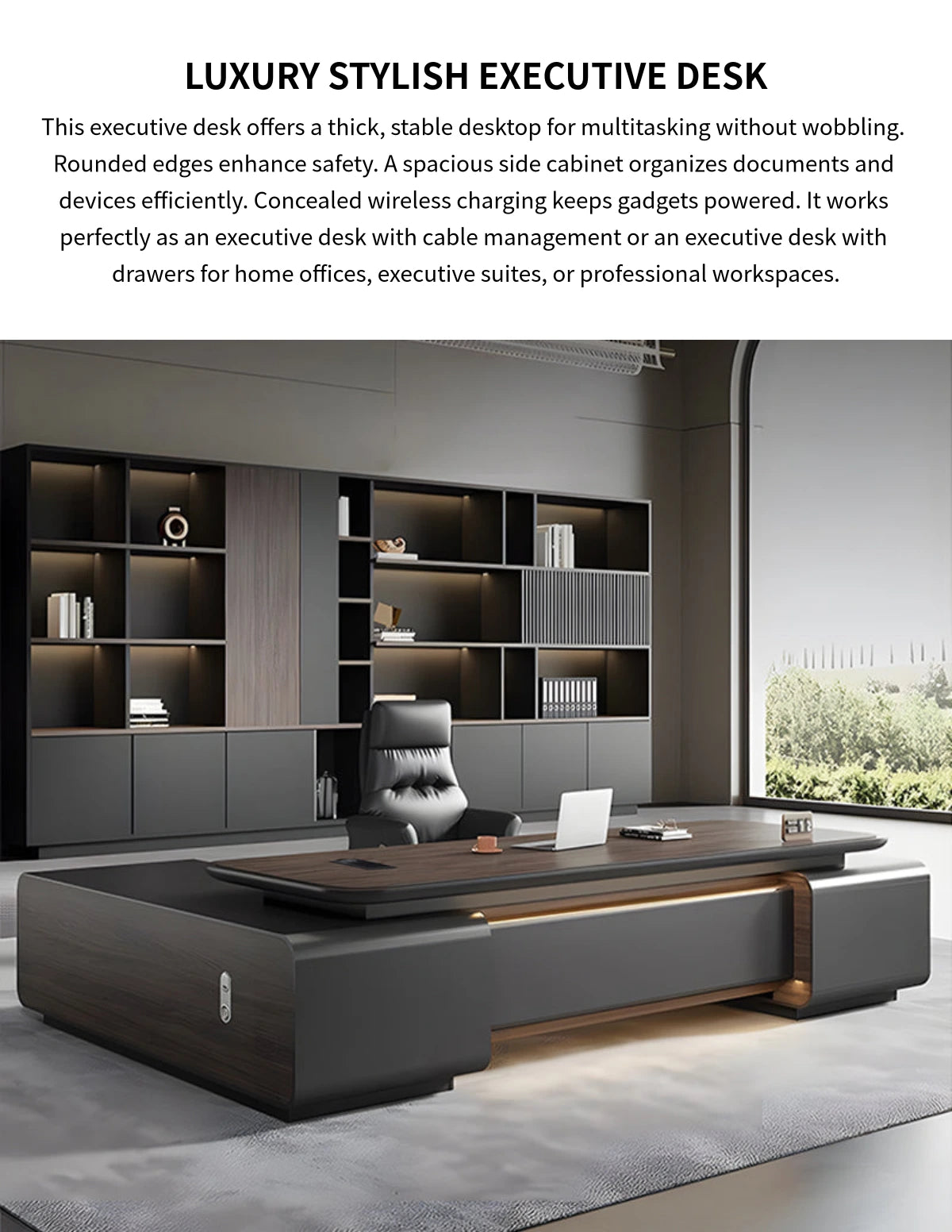 Modern Executive Desk with Wireless Charging, Curved & Cable Managemen — Detail image 1