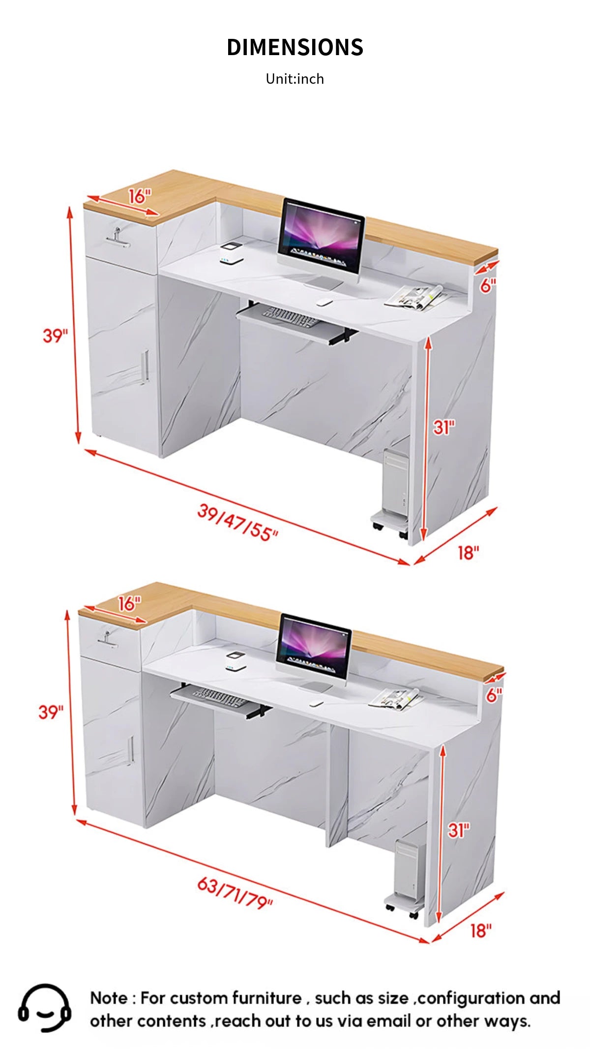 L-Shaped Reception Desk with Keyboard Tray, Cable Management & Lockable for Salon — Detail image 14