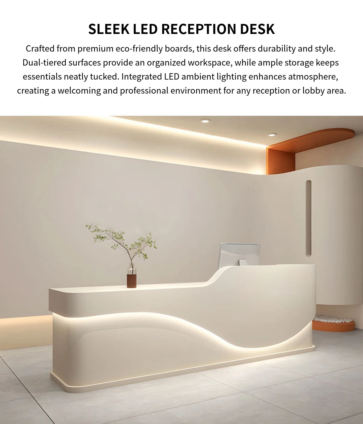 Curved Reception Desk 71-142 in Wide with Keyboard Tray, Lockable & LED Lighting for Salon — Detail image 1