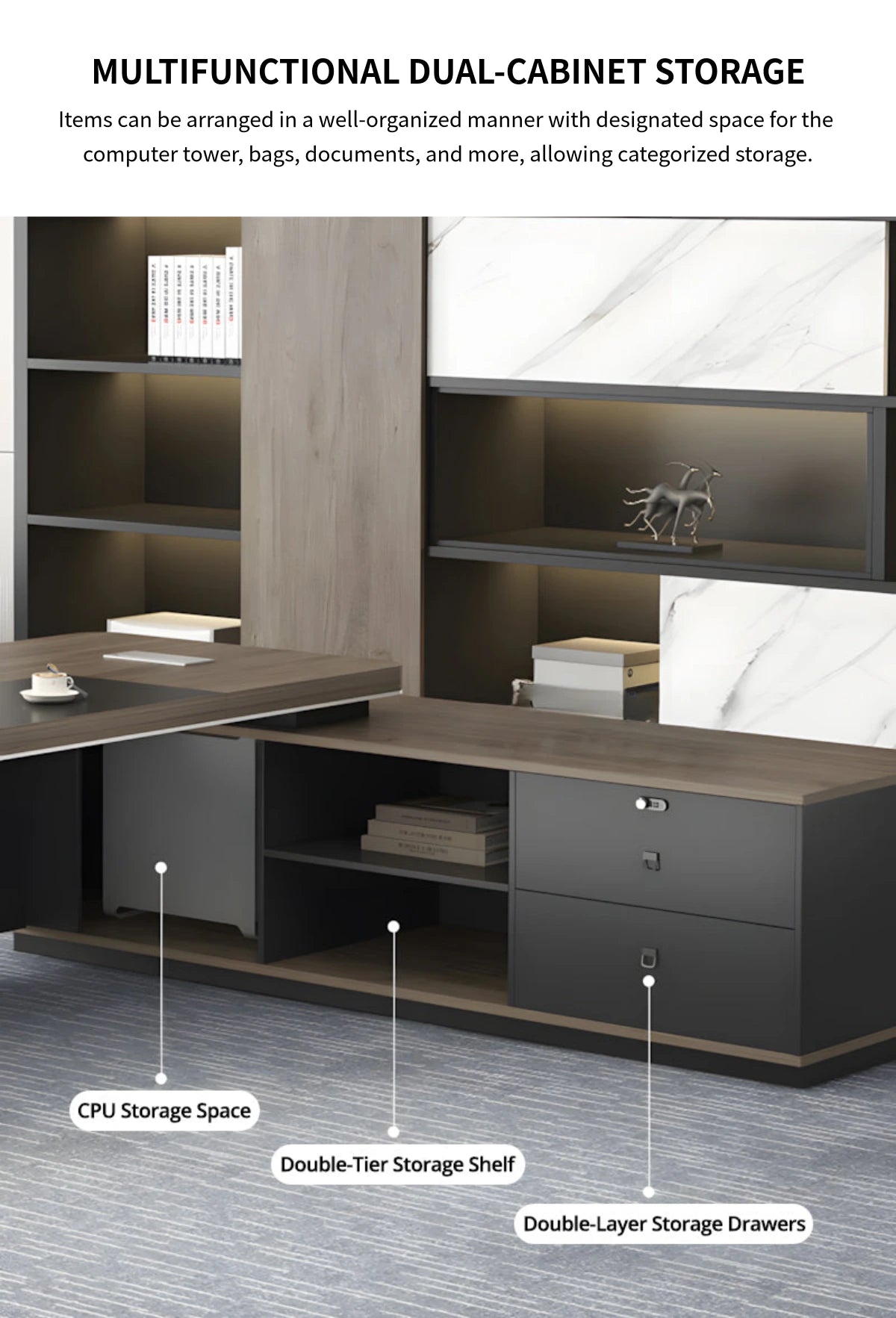 L-Shaped Executive Desk with Lockable, File Drawers & Cable Management for Home Office — Detail image 8