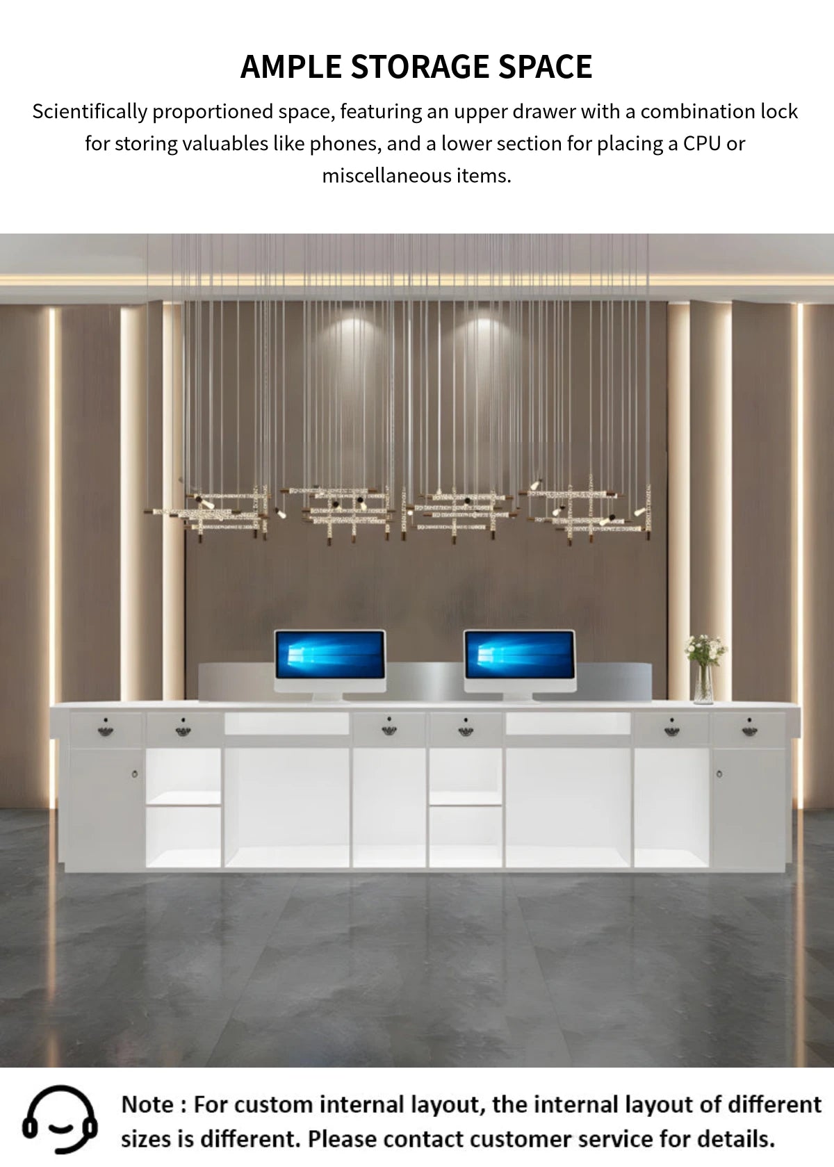 Curved Reception Desk with LED Lighting, Stainless Steel & File Drawers for Hotel Lobby — Detail image 7
