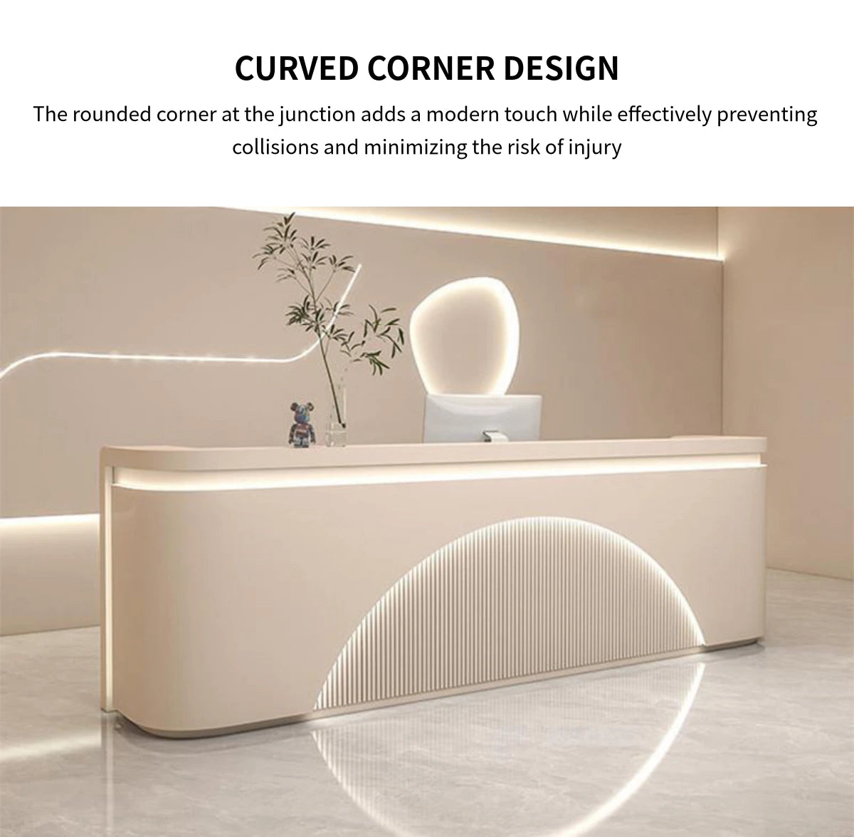 Curved Reception Desk 71-142 in Wide with LED Lighting, Fluted Front & Lockable for Salon — Detail image 6