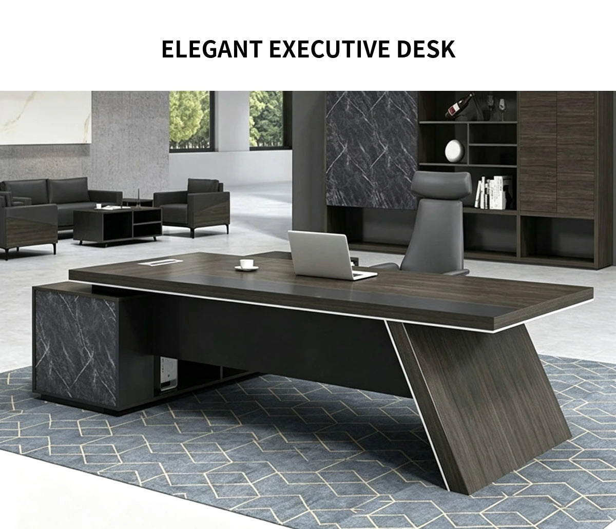 Modern Executive Desk with Side Storage, Marble Top & Cable Management for Home Office — Detail image 1