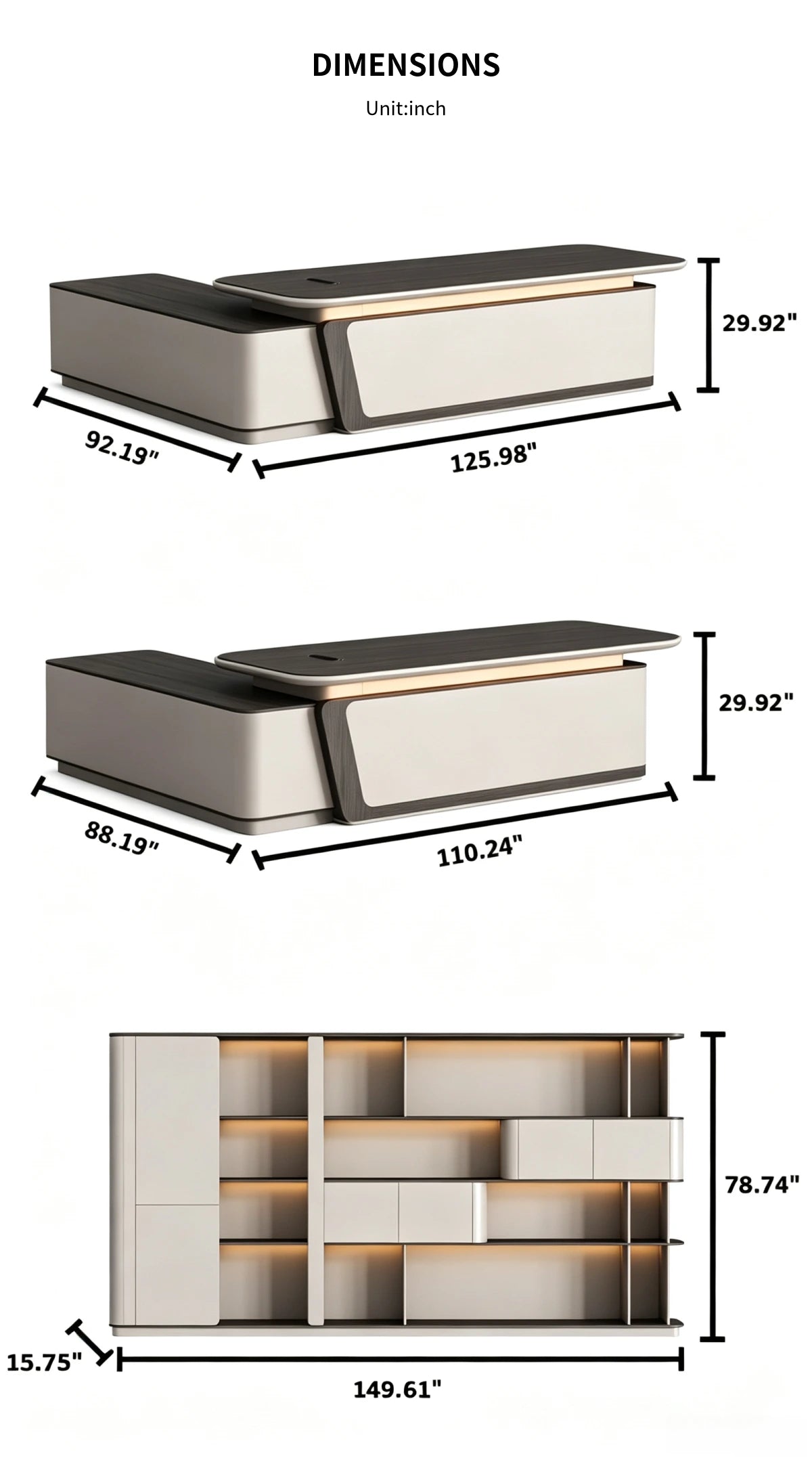 Modern Executive Desk 94-149 in Wide with Curved & LED Lighting for Home Office — Detail image 10