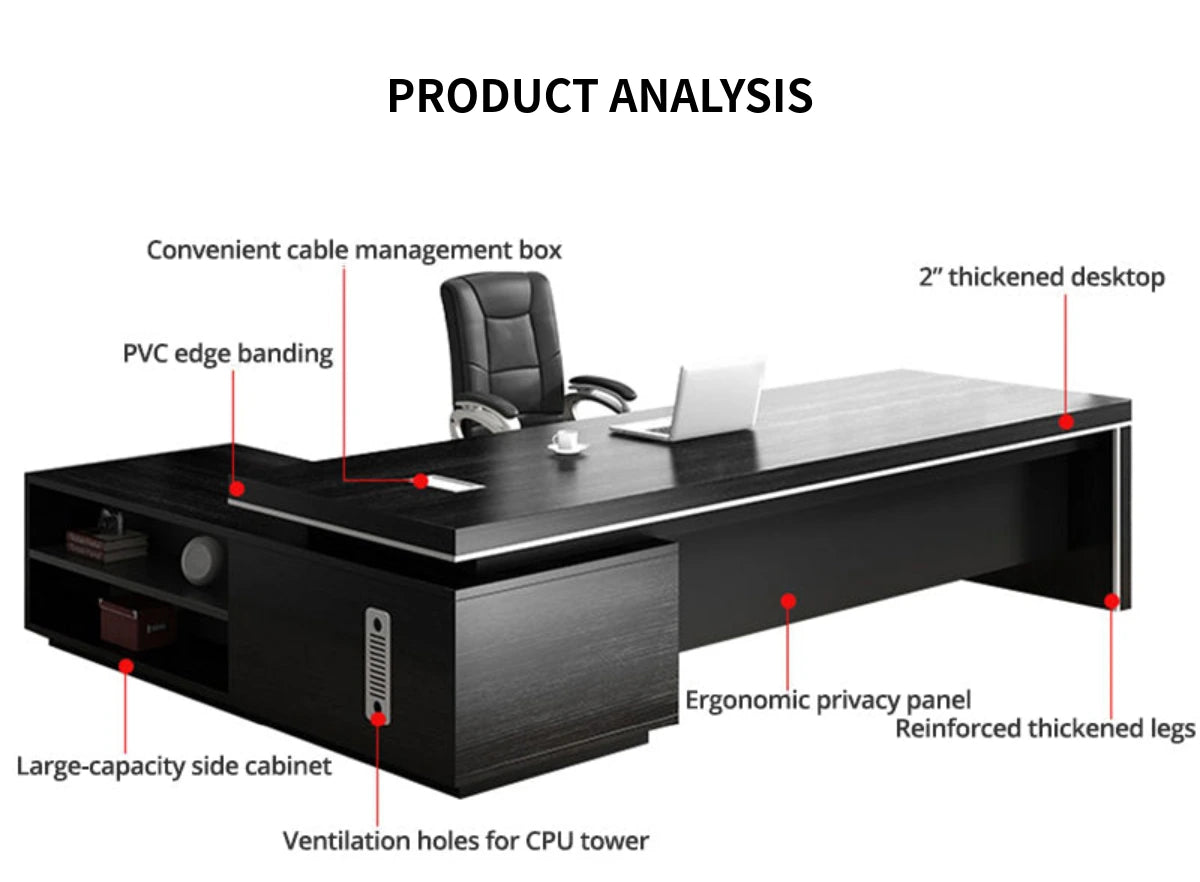 Modern Executive Desk with Cable Management, Side Storage & Lumbar Support for Home Office — Detail image 5