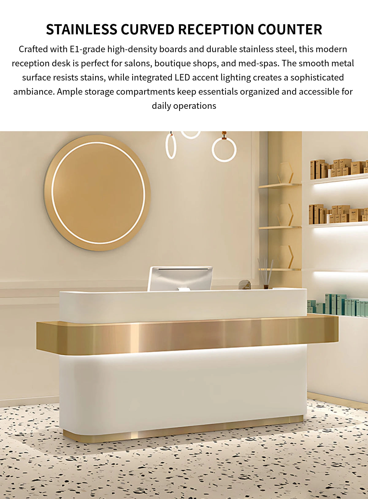 Curved Reception Desk 71-142 in Wide with LED Lighting & Stainless Steel for Salon — Detail image 1