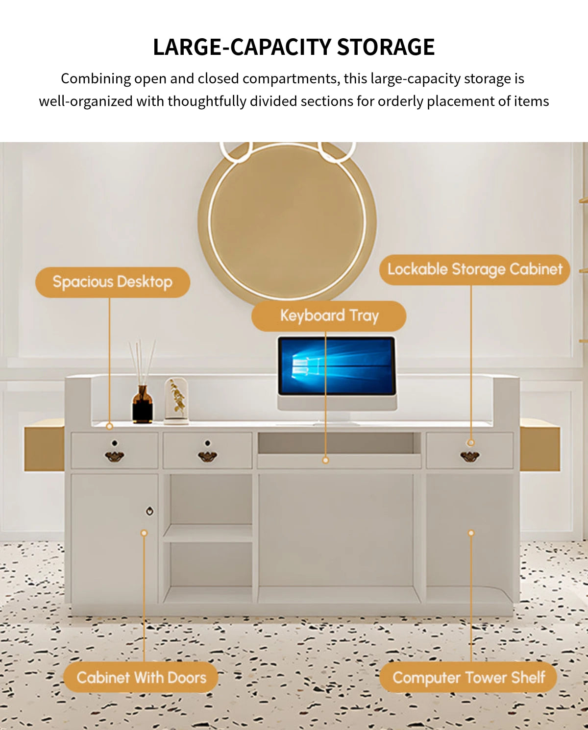 Curved Reception Desk 71-142 in Wide with LED Lighting & Stainless Steel for Salon — Detail image 6