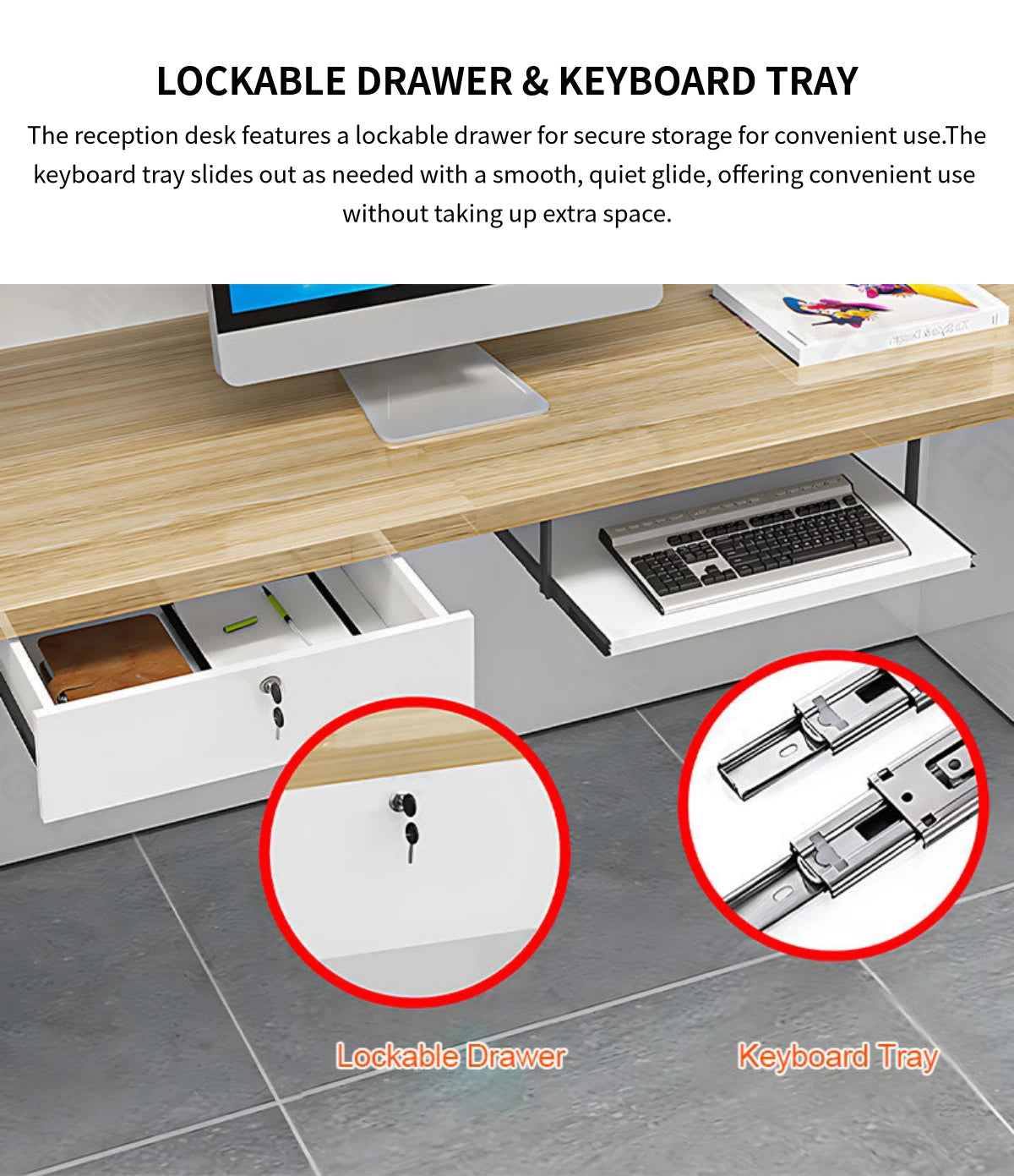 Retail Reception Desk 47-79 in Wide with Cable Management, LED Lighting & Keyboard Tray — Detail image 9