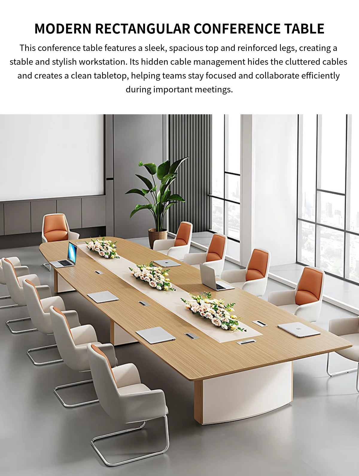 Rectangular Conference Table with Cable Management, Solid Wood & Lumbar Support — Detail image 1