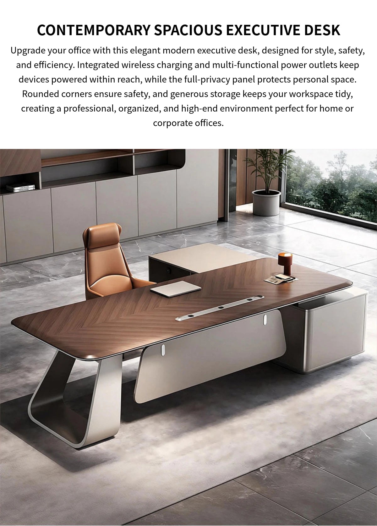 Modern Executive Desk with Wireless Charging, Privacy Panel & Curved for Home Office — Detail image 1