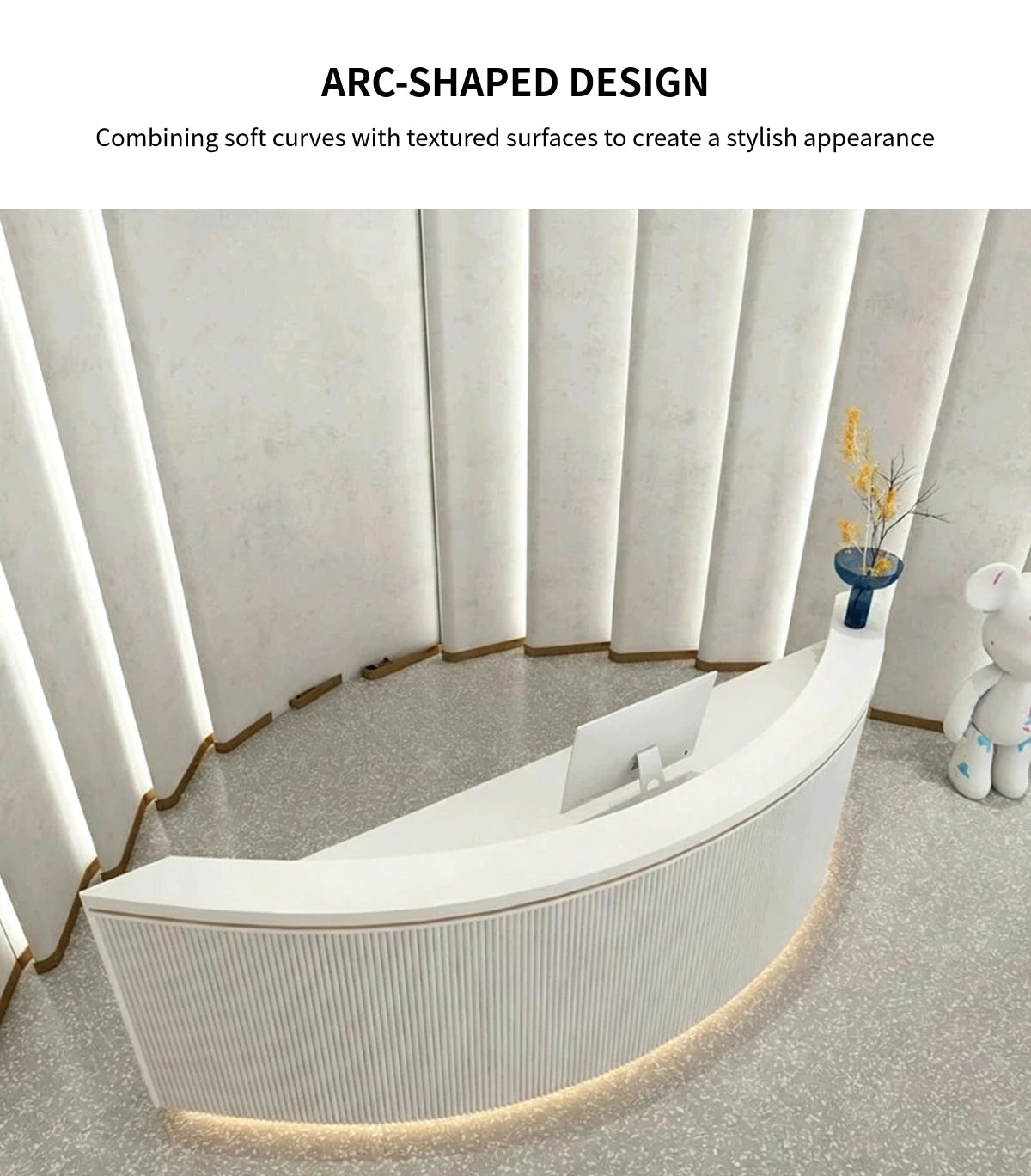 Curved Reception Desk 47-228 in Wide with Cable Management, File Drawers & Fluted Front — Detail image 2
