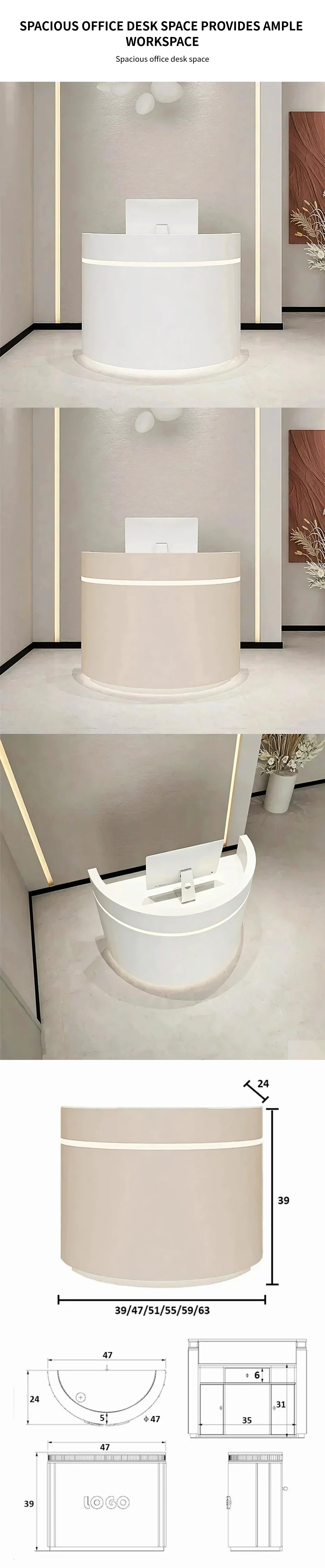 Curved Reception Desk 39-63 in Wide with LED Lighting & Lumbar Support for Office Lobby — Detail image 3