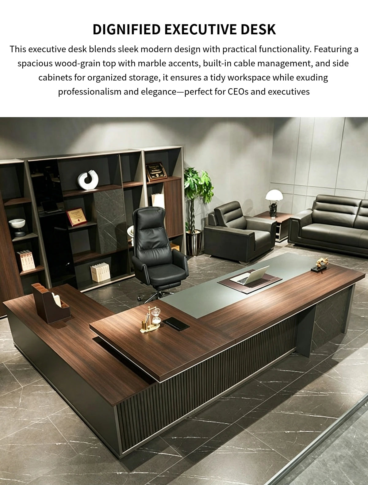 Modern Executive Desk with Cable Management, Side Storage & Marble Top for Home Office — Detail image 1