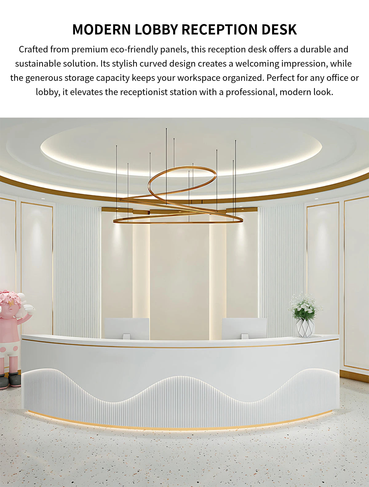 Curved Reception Desk 59-205 in Wide with Keyboard Tray, File Drawers & LED Lighting — Detail image 1