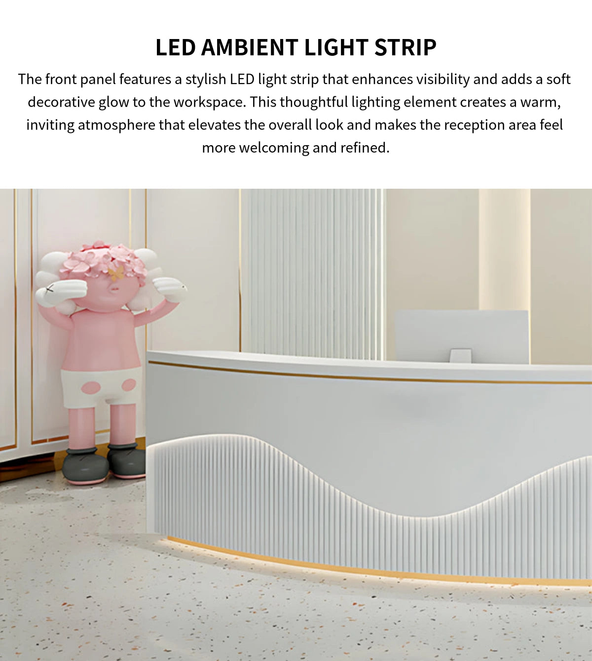 Curved Reception Desk 59-205 in Wide with Keyboard Tray, File Drawers & LED Lighting — Detail image 3