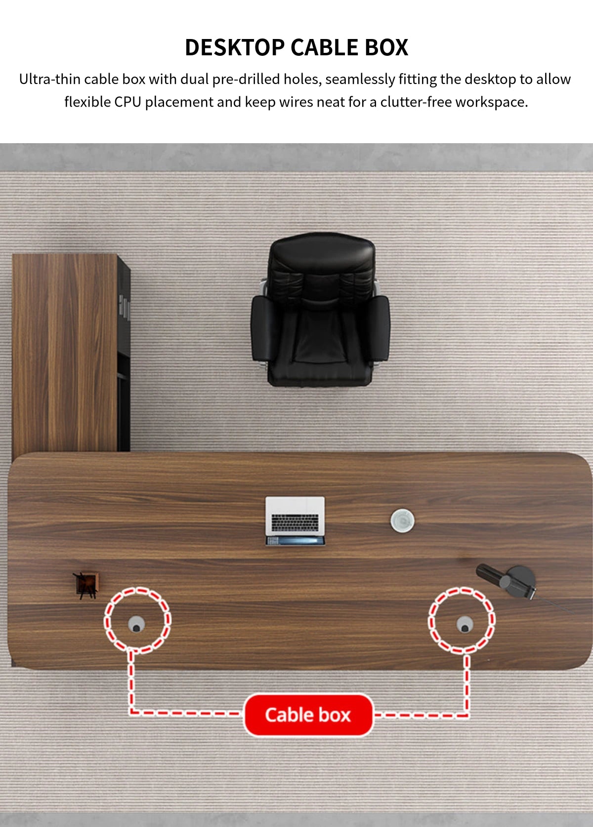Modern Executive Desk with Cable Management, Curved & Side Storage for Home Office — Detail image 8