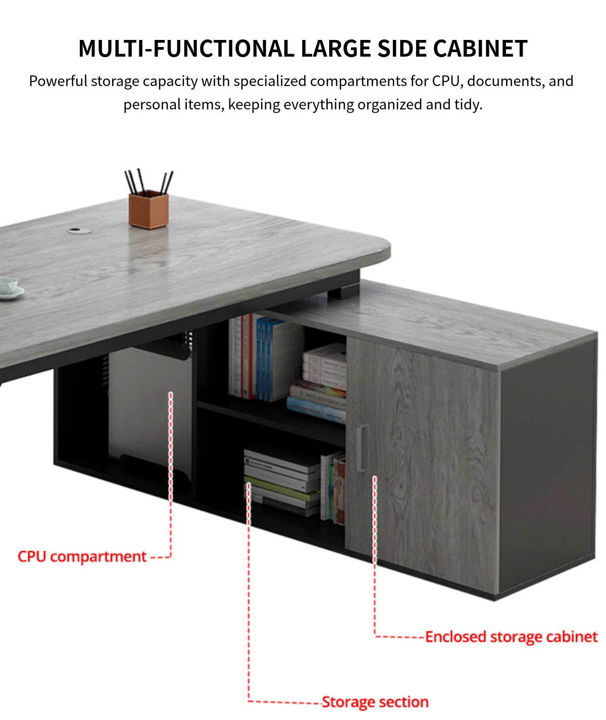 Modern Executive Desk with Cable Management, Curved & Side Storage for Home Office — Detail image 12