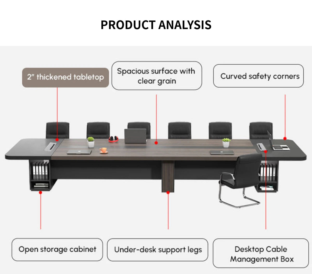 Rectangular Conference Table with Cable Management, Side Storage & Breathable Mesh — Detail image 2