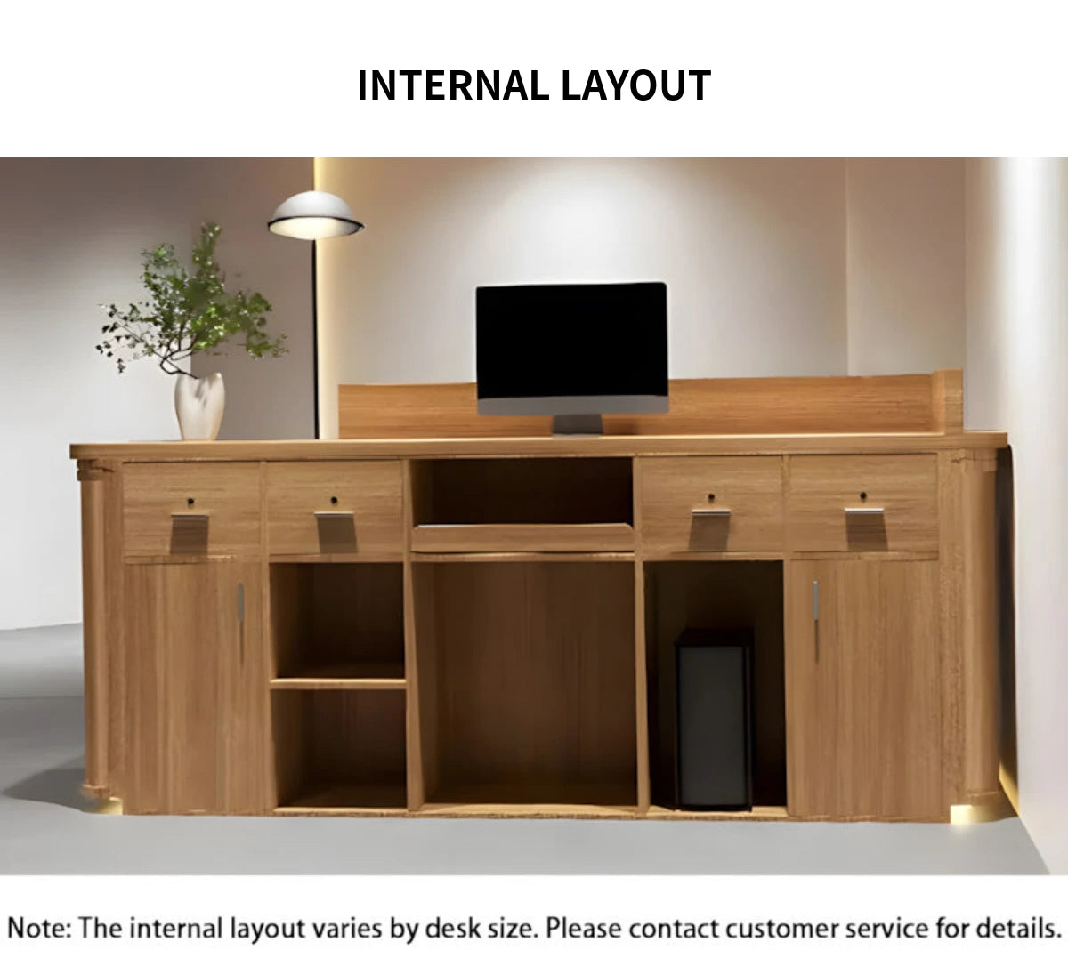 Round Reception Desk 47-118 in Wide with Keyboard Tray, Rattan & Solid Wood for Salon — Detail image 8