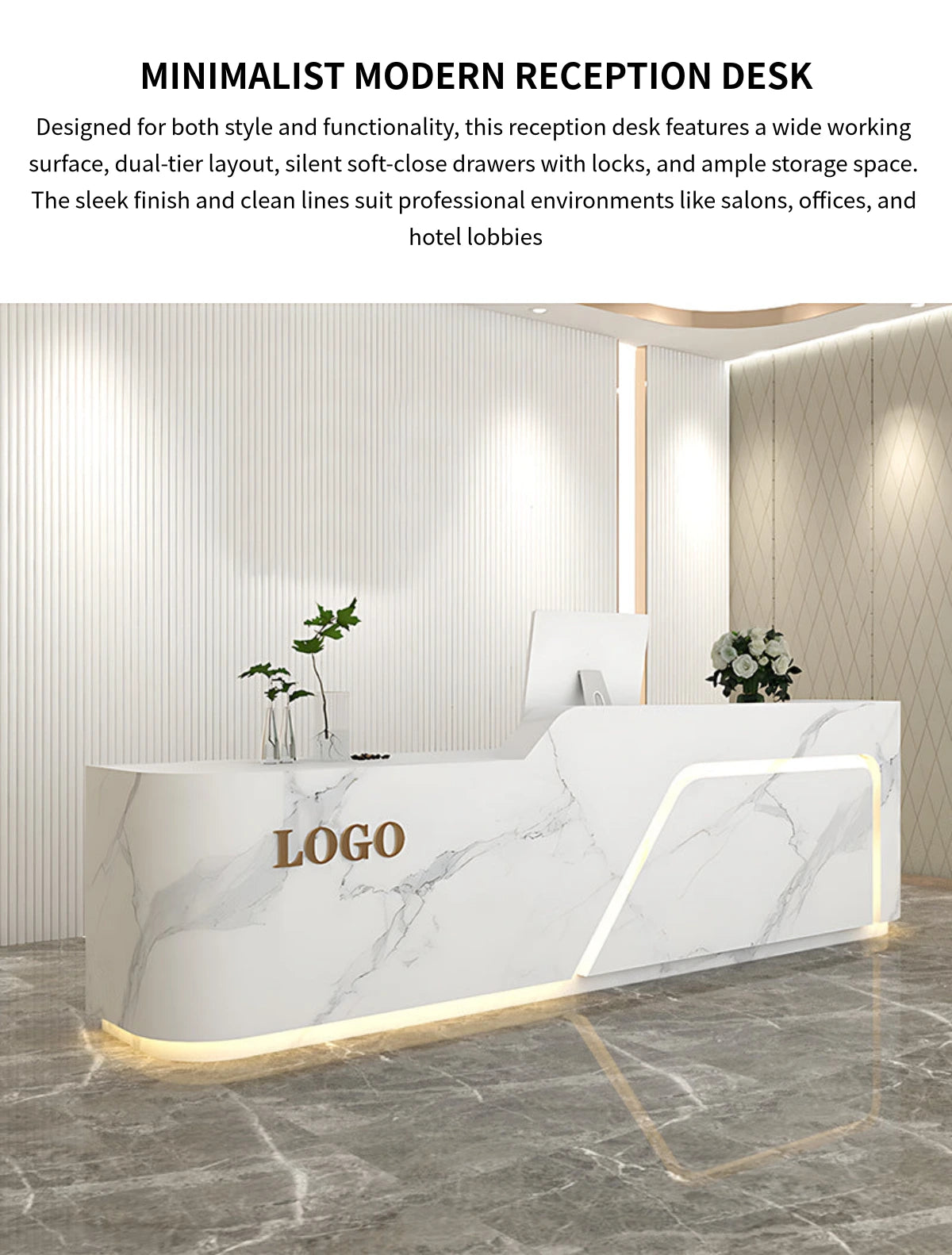 Curved Reception Desk 55-134 in Wide with Keyboard Tray, File Drawers & Lockable for Salon — Detail image 1